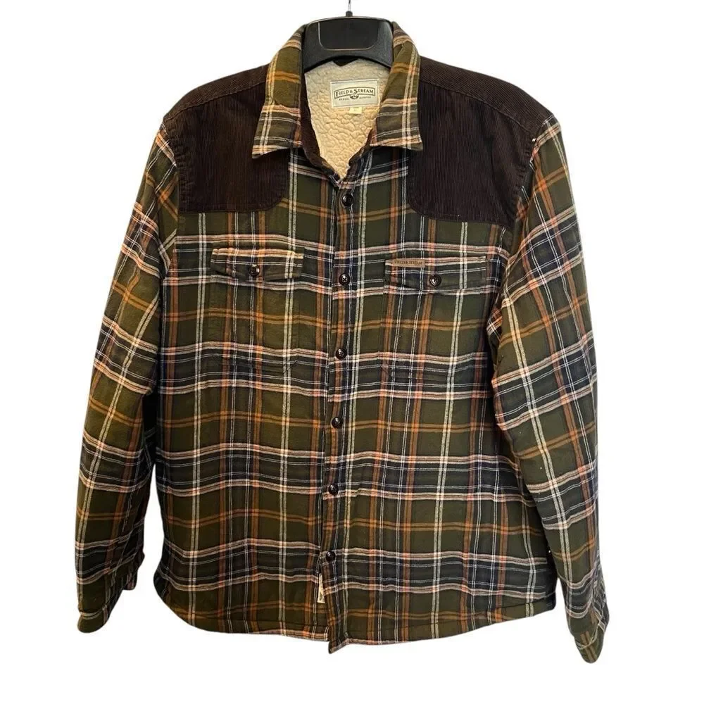 Field & Stream Men's Flannel Jacket Sherpa Lined Full Button Green/Blue Plaid XL
